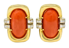 1960's Vintage Coral Diamond 18 Karat Gold Ear-Clip Earrings