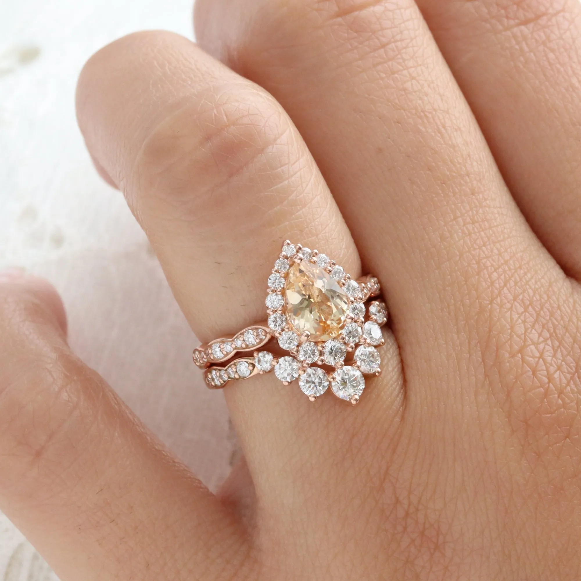 2.04 Ct Pear Golden Peach Sapphire Ring in 14k Rose Gold Tiara Halo Diamond, Size 6.5