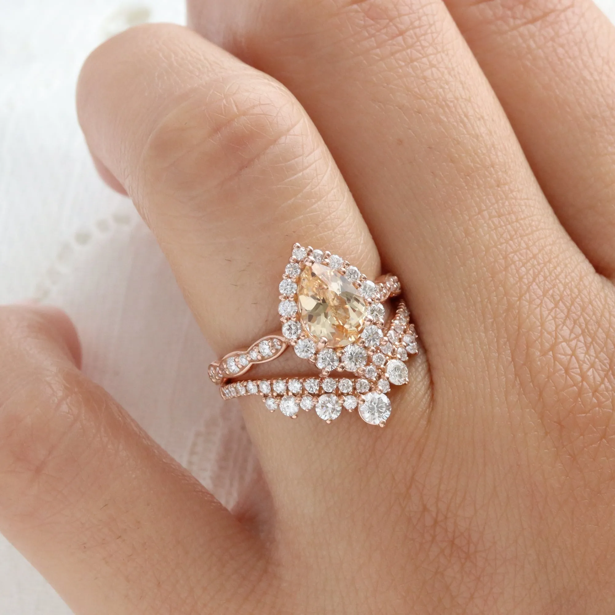 2.04 Ct Pear Golden Peach Sapphire Ring in 14k Rose Gold Tiara Halo Diamond, Size 6.5