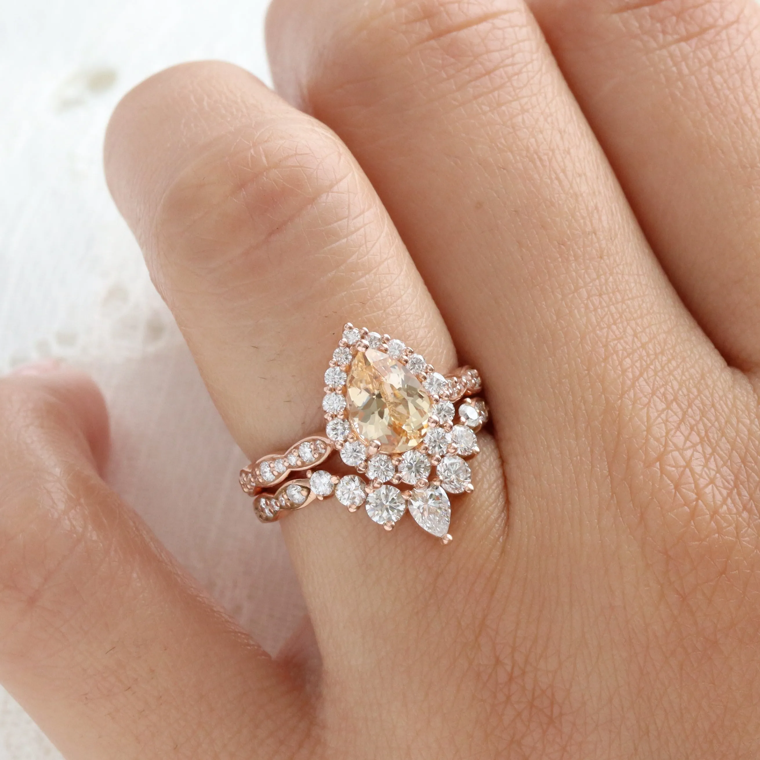 2.04 Ct Pear Golden Peach Sapphire Ring in 14k Rose Gold Tiara Halo Diamond, Size 6.5