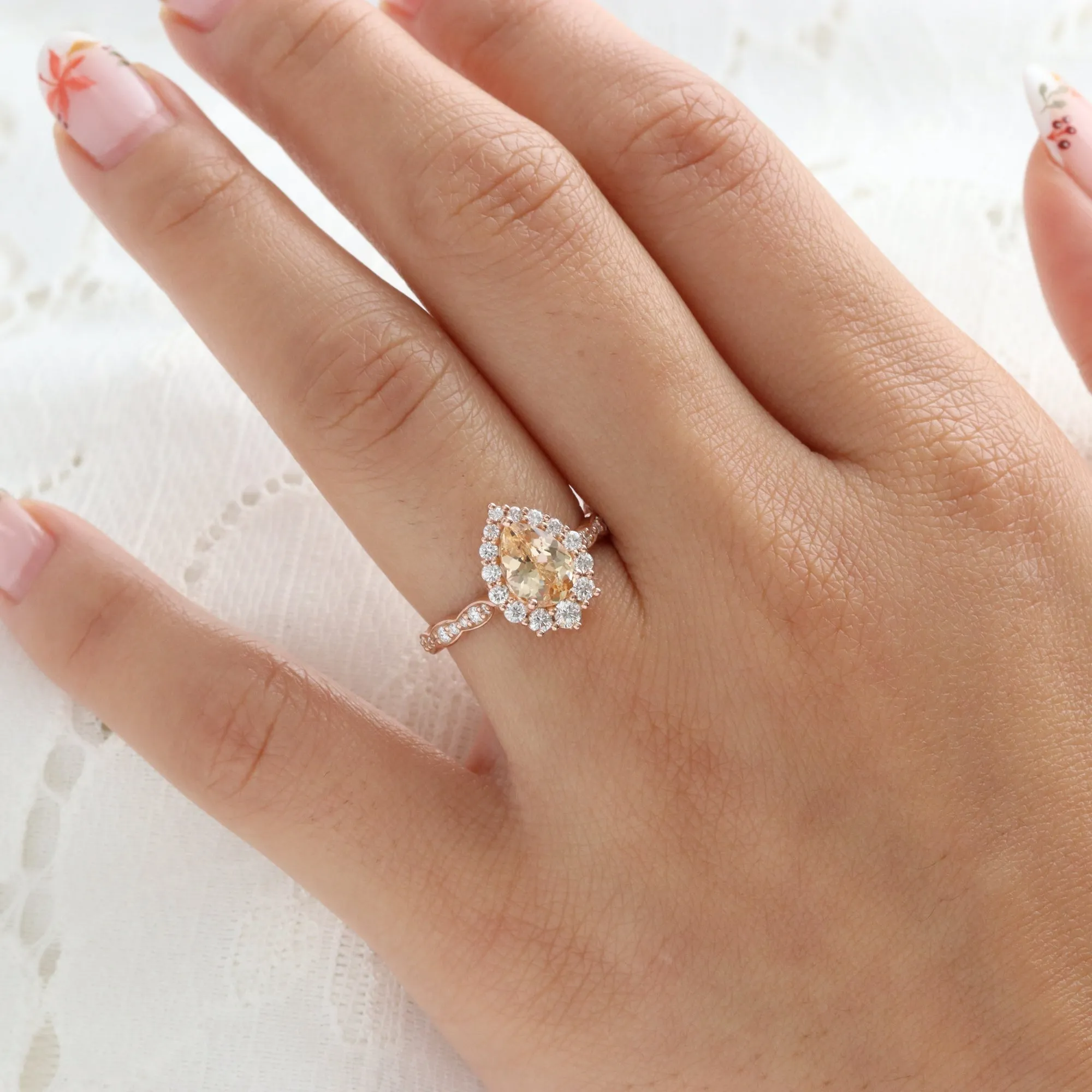 2.04 Ct Pear Golden Peach Sapphire Ring in 14k Rose Gold Tiara Halo Diamond, Size 6.5