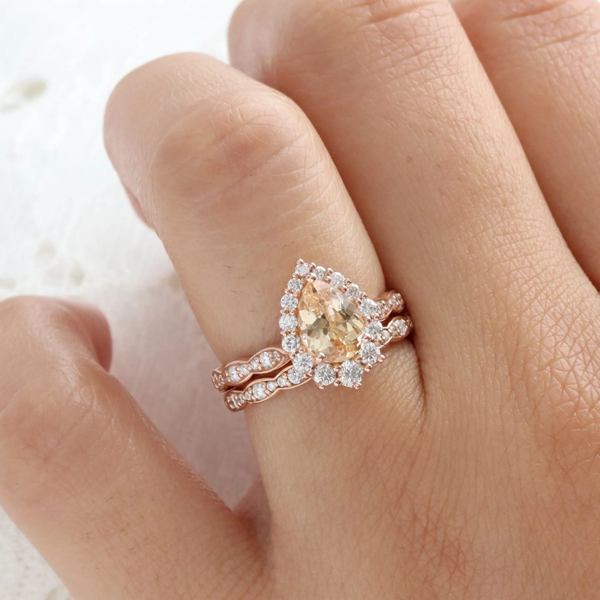 2.04 Ct Pear Golden Peach Sapphire Ring in 14k Rose Gold Tiara Halo Diamond, Size 6.5