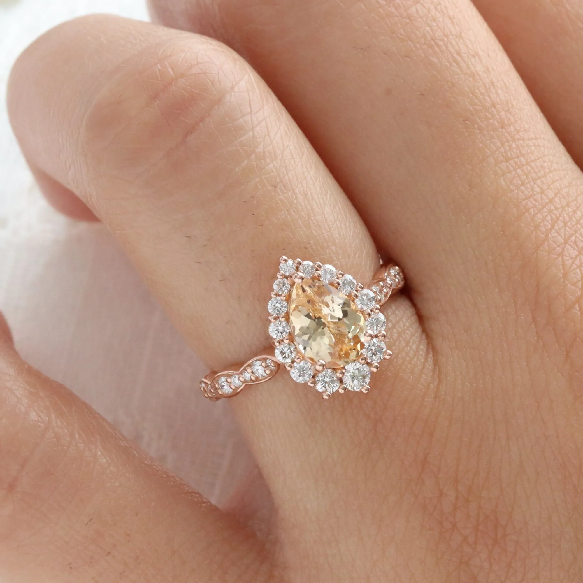2.04 Ct Pear Golden Peach Sapphire Ring in 14k Rose Gold Tiara Halo Diamond, Size 6.5