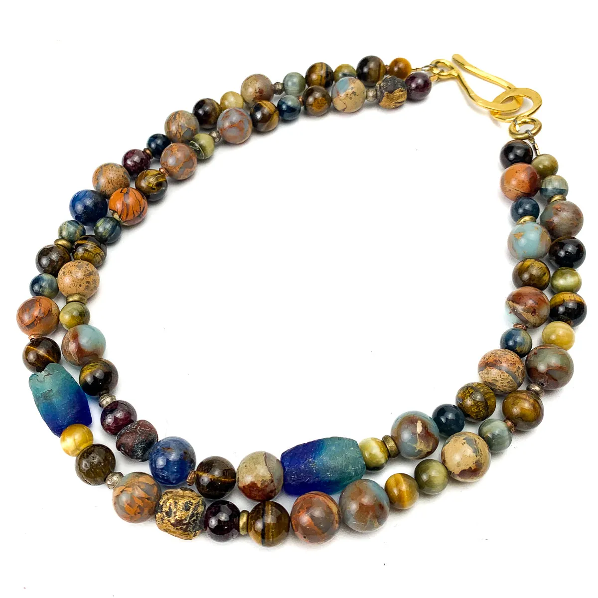 African Opal, Tiger's Eye, Kyanite, Gold-Brushed Terracotta, Java Glass and Brass Double Strand Stacked Necklace