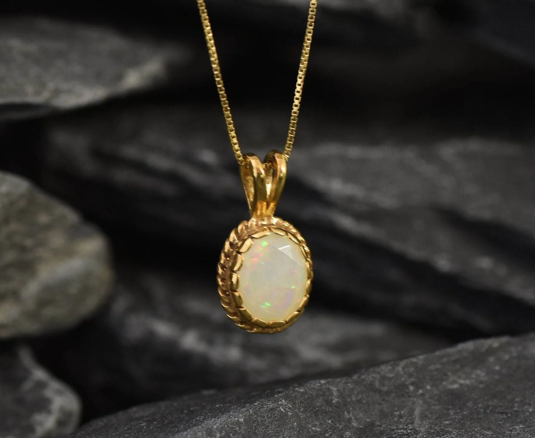 Antique Opal Pendant - Natural Fire Opal Necklace, Gold Opal Pendant