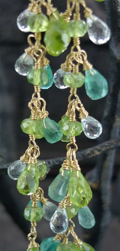Cameron Cohen Long Shoulder Duster Cluster Earrings of Peridot and Apatite Stones