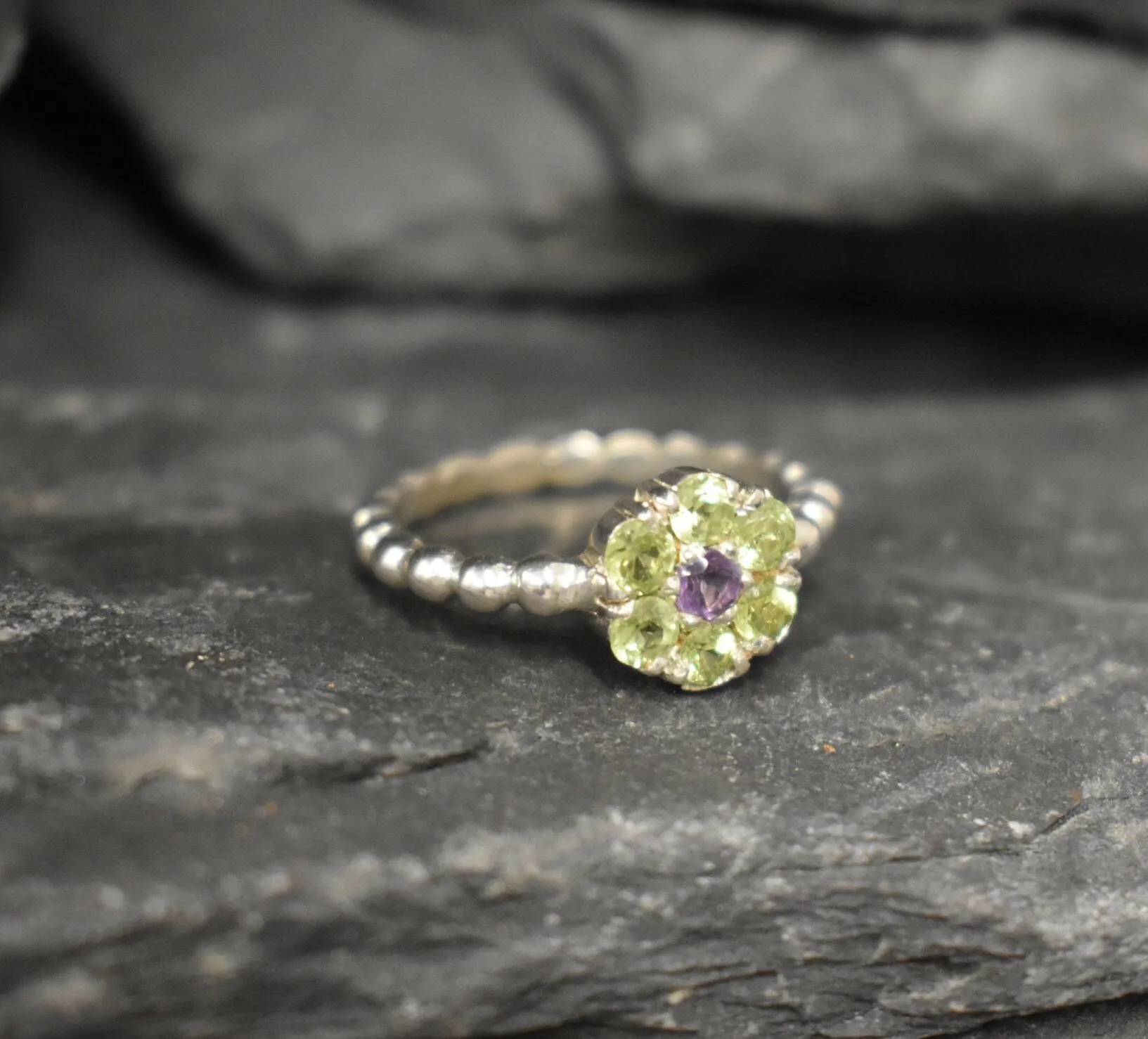 Green Flower Ring - Natural Peridot Bubble Band, Purple Green Ring