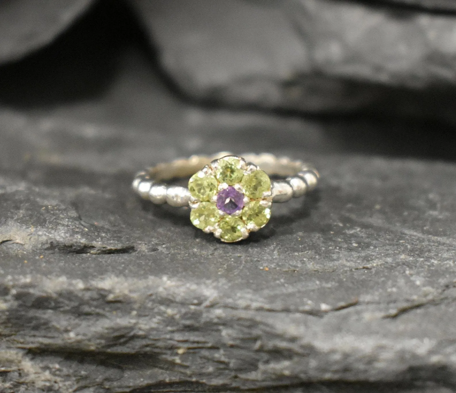 Green Flower Ring - Natural Peridot Bubble Band, Purple Green Ring