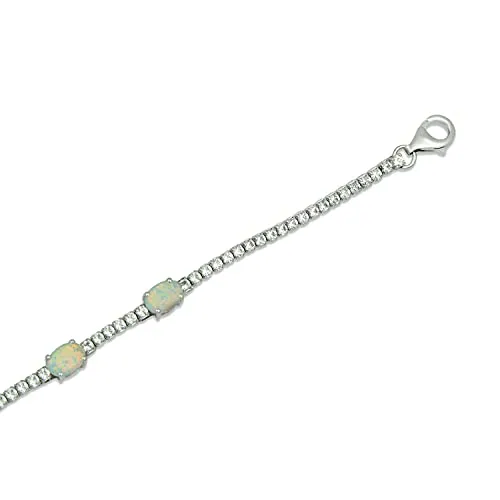 Jewelili Sterling Silver 7x5mm Oval Created Opal and Created White Sapphire Bracelet, 7.5 inch
