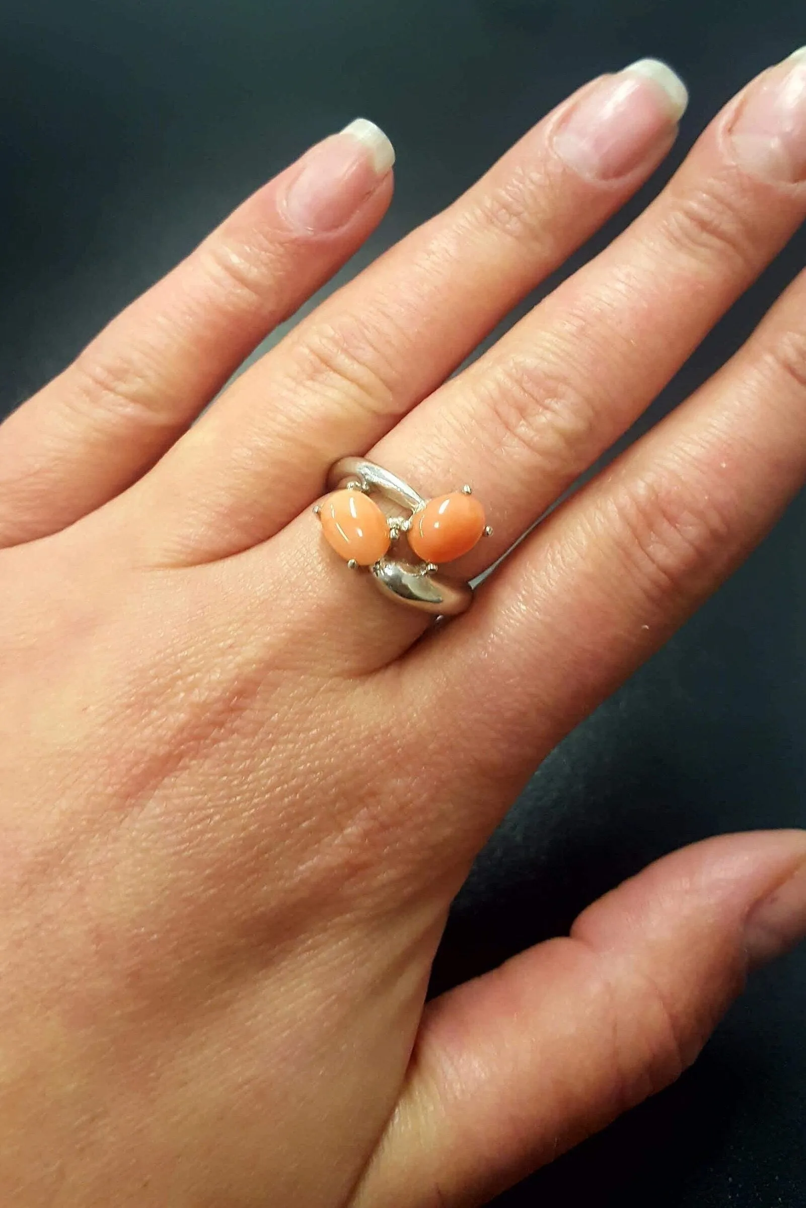 Natural Coral Ring - Two Stone Peach Ring - Unique Vintage Ring