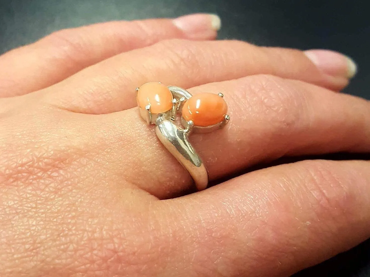 Natural Coral Ring - Two Stone Peach Ring - Unique Vintage Ring