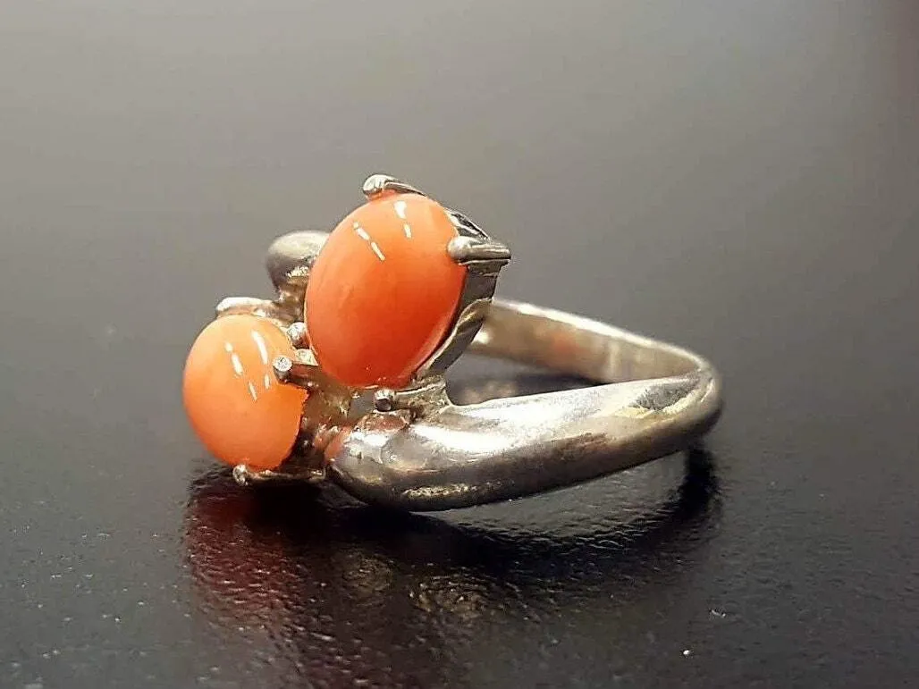 Natural Coral Ring - Two Stone Peach Ring - Unique Vintage Ring