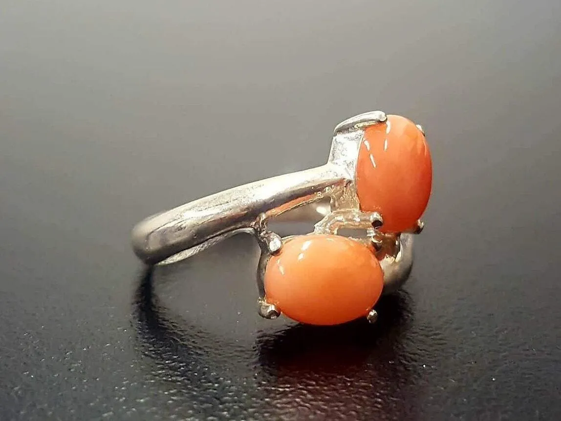 Natural Coral Ring - Two Stone Peach Ring - Unique Vintage Ring