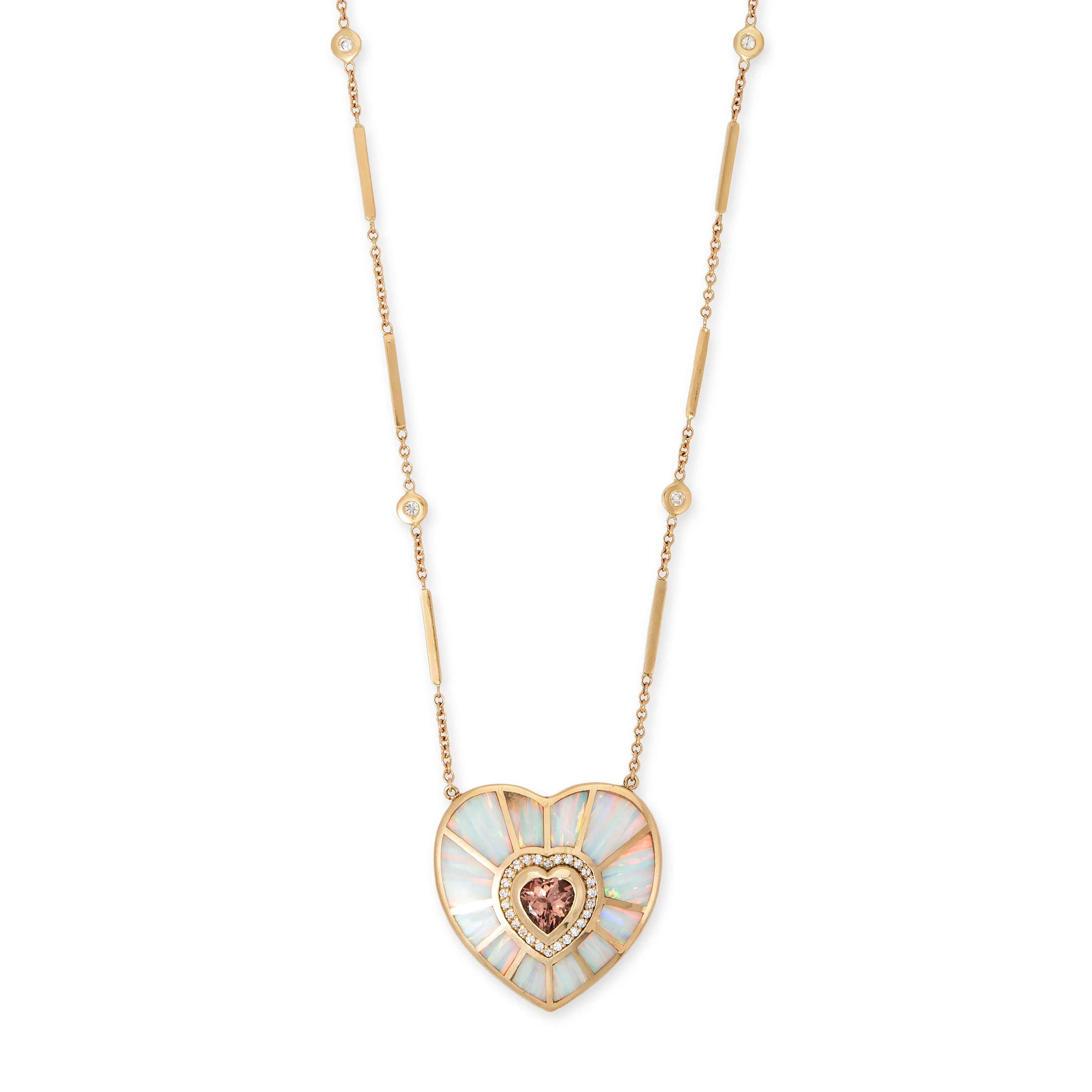 PAVE MORGANITE HEART CENTER   WHITE OPAL INLAY HEART VORTEX SMOOTH BAR NECKLACE