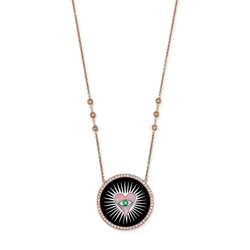 PAVE ONYX INLAY PINK HEART BURST NECKLACE
