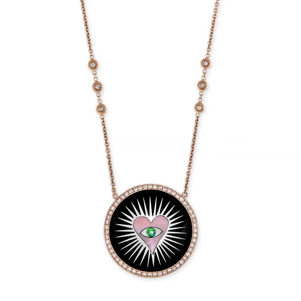 PAVE ONYX INLAY PINK HEART BURST NECKLACE