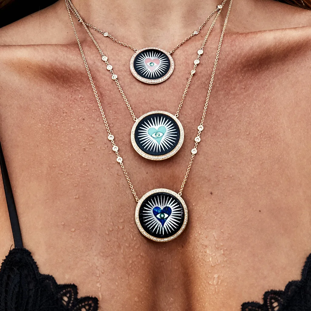 PAVE ONYX INLAY PINK HEART BURST NECKLACE