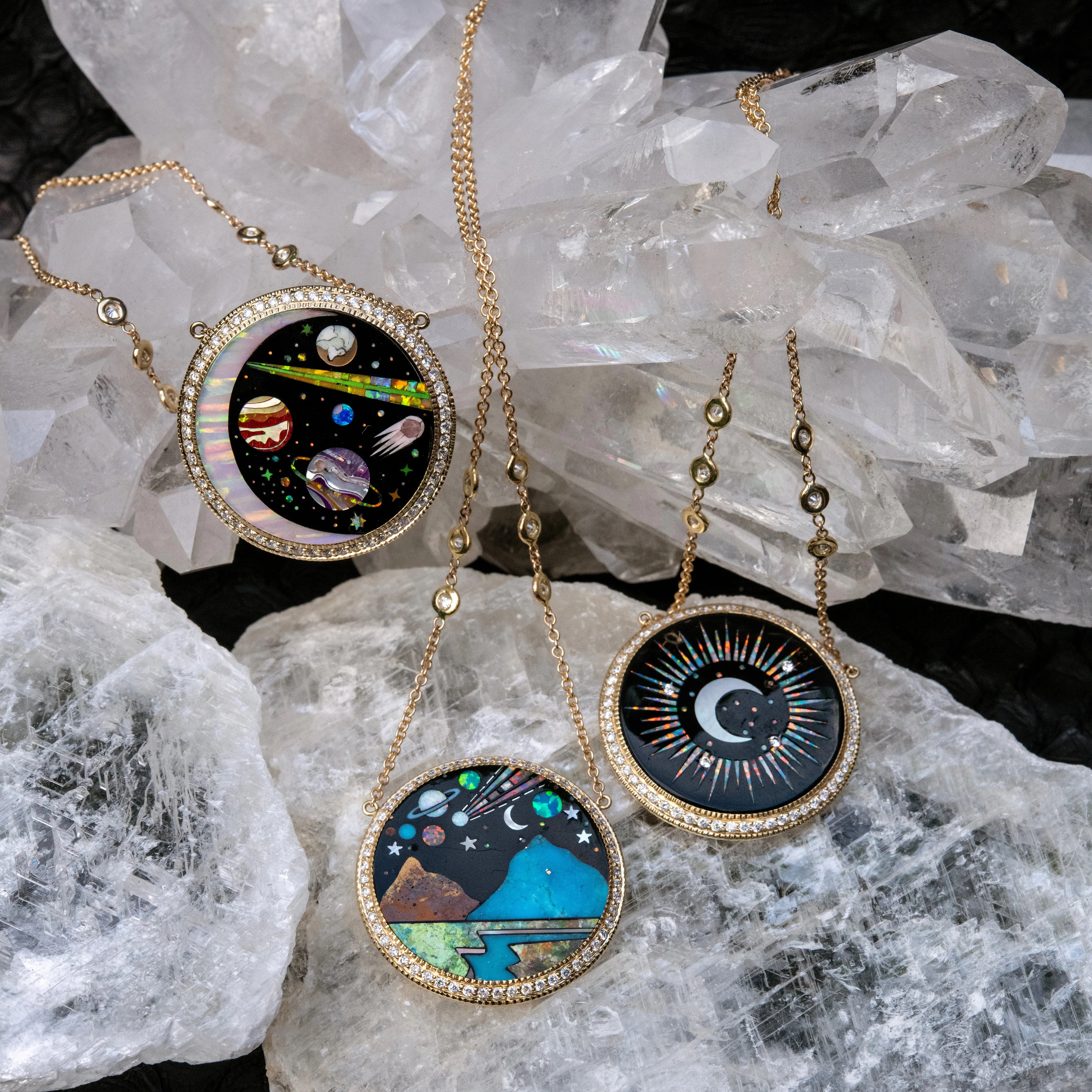 PAVE ROUND ONYX   OPAL CRESCENT GALAXY PLANET INLAY NECKLACE