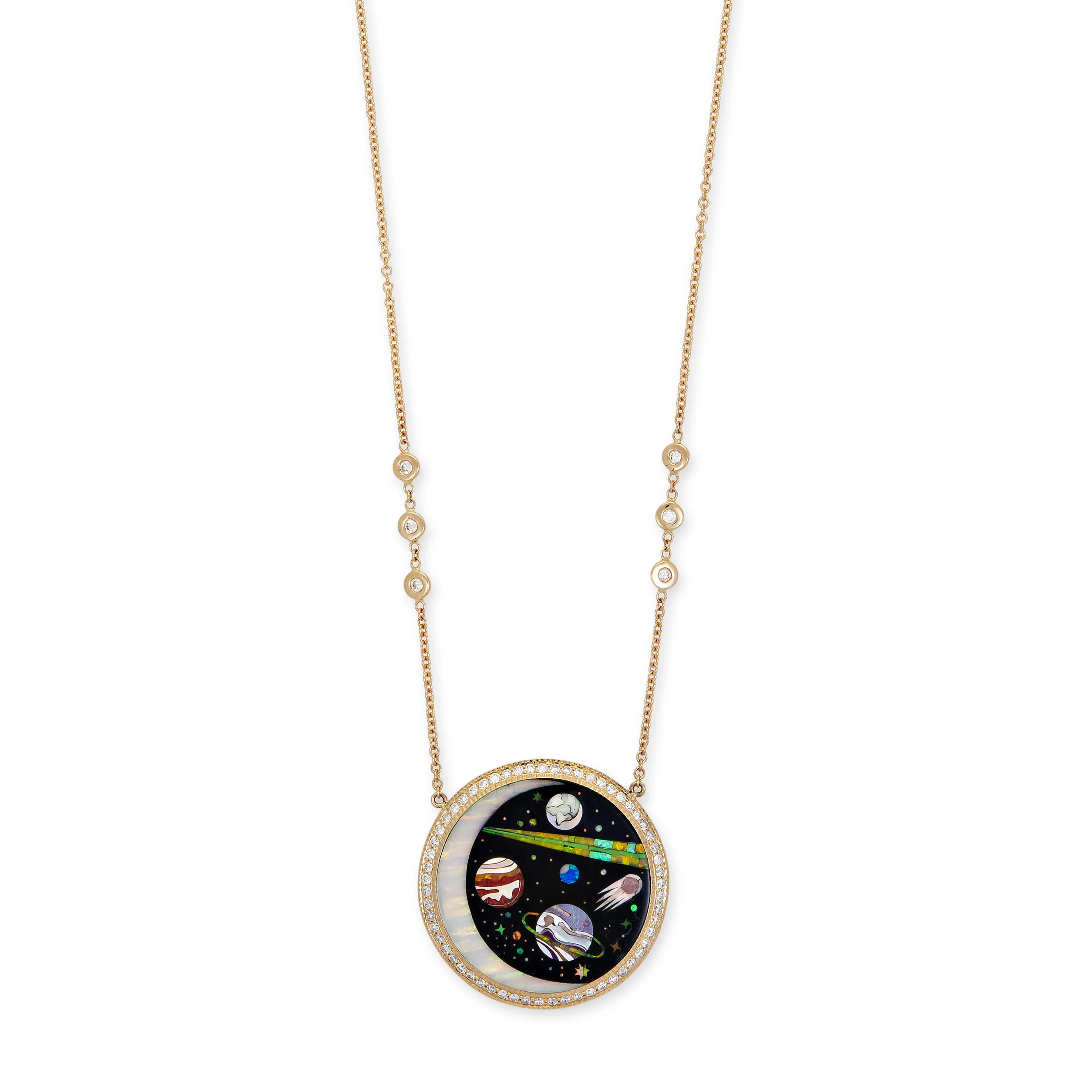 PAVE ROUND ONYX   OPAL CRESCENT GALAXY PLANET INLAY NECKLACE
