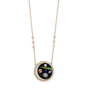 PAVE ROUND ONYX   OPAL CRESCENT GALAXY PLANET INLAY NECKLACE