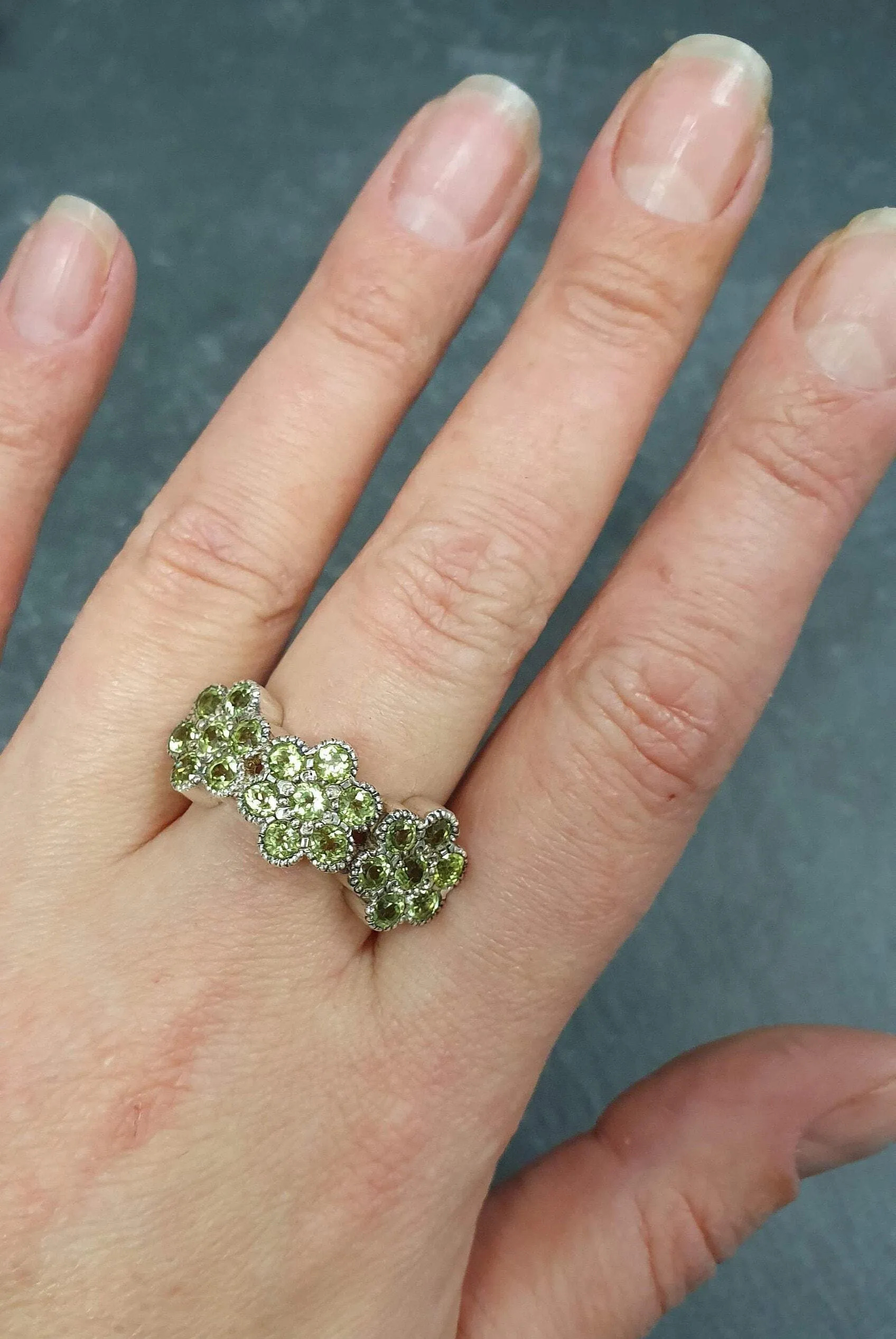 Peridot Ring - Green Flower Ring - Eternity Cluster Ring