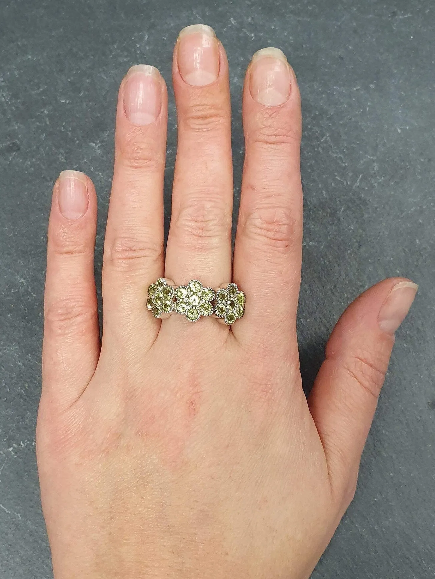 Peridot Ring - Green Flower Ring - Eternity Cluster Ring