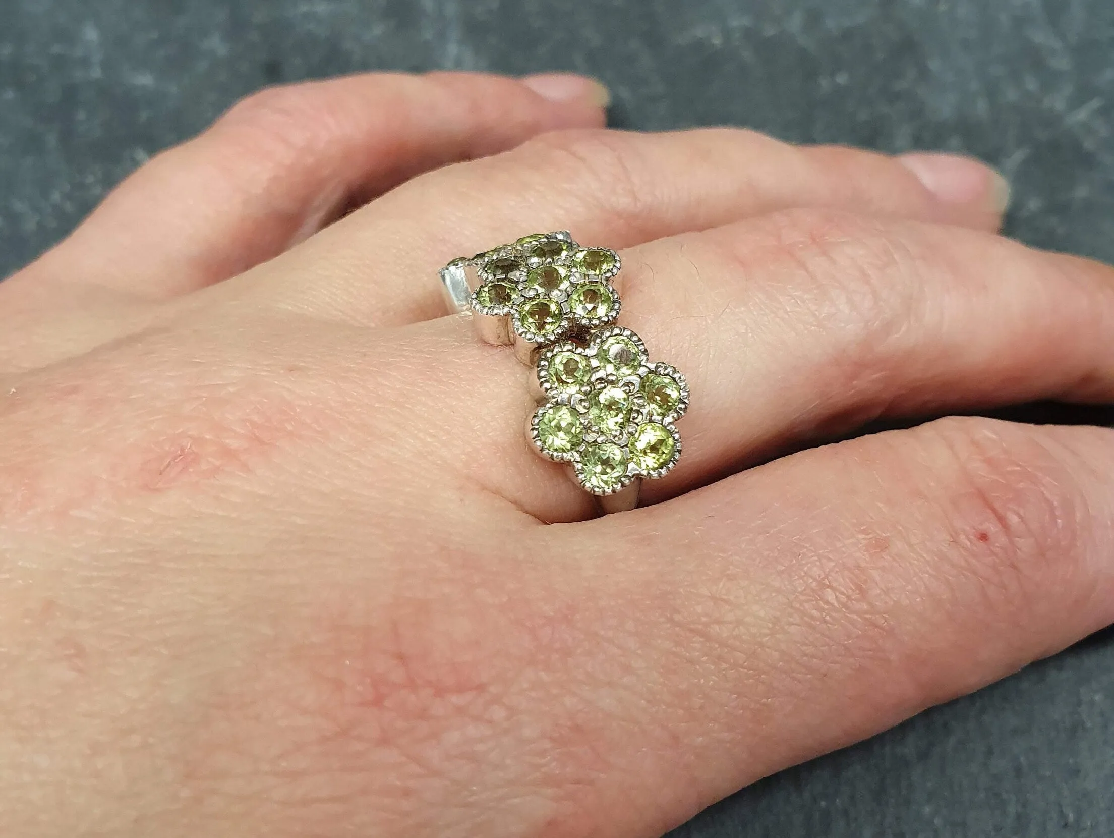 Peridot Ring - Green Flower Ring - Eternity Cluster Ring