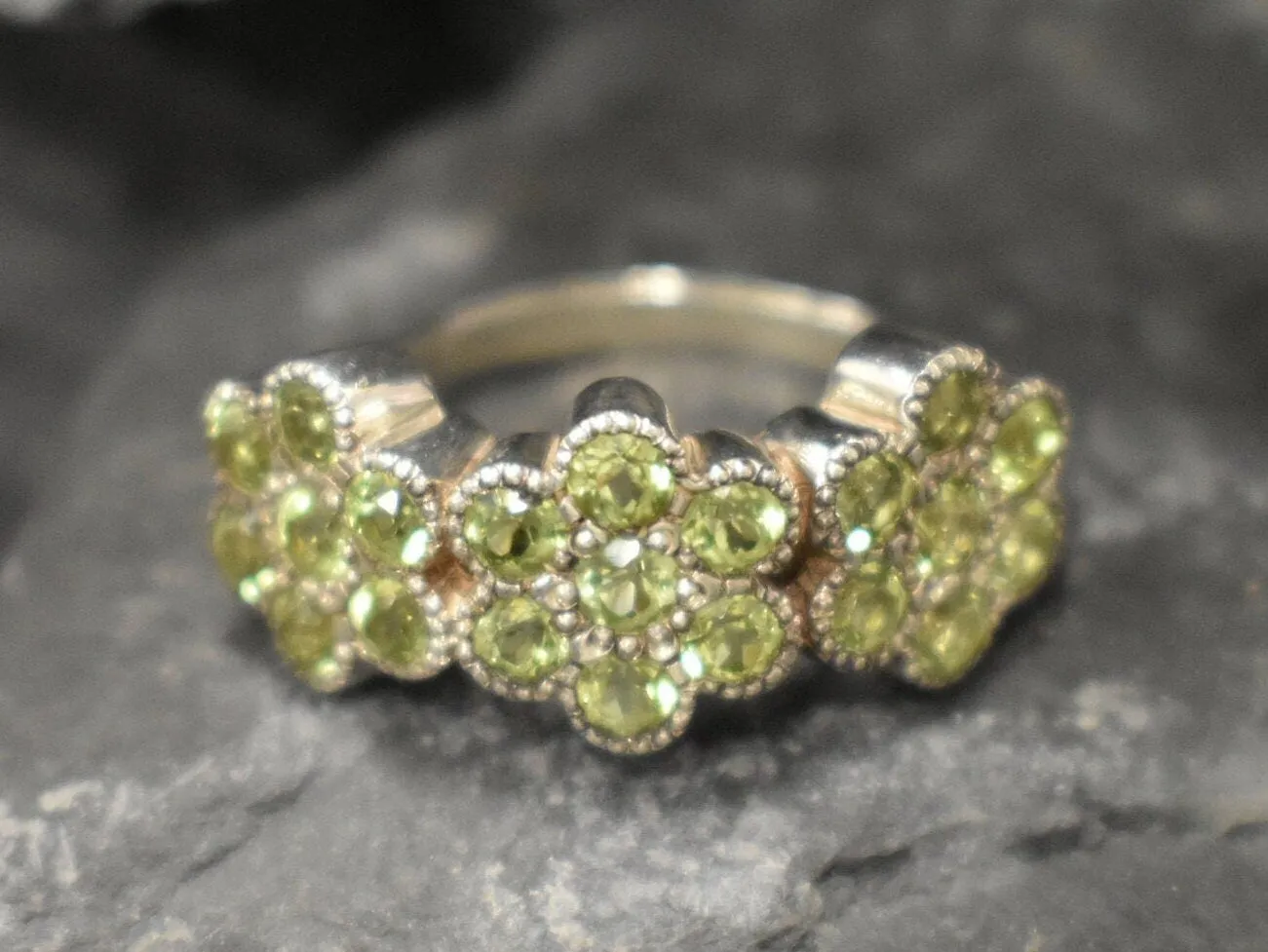 Peridot Ring - Green Flower Ring - Eternity Cluster Ring