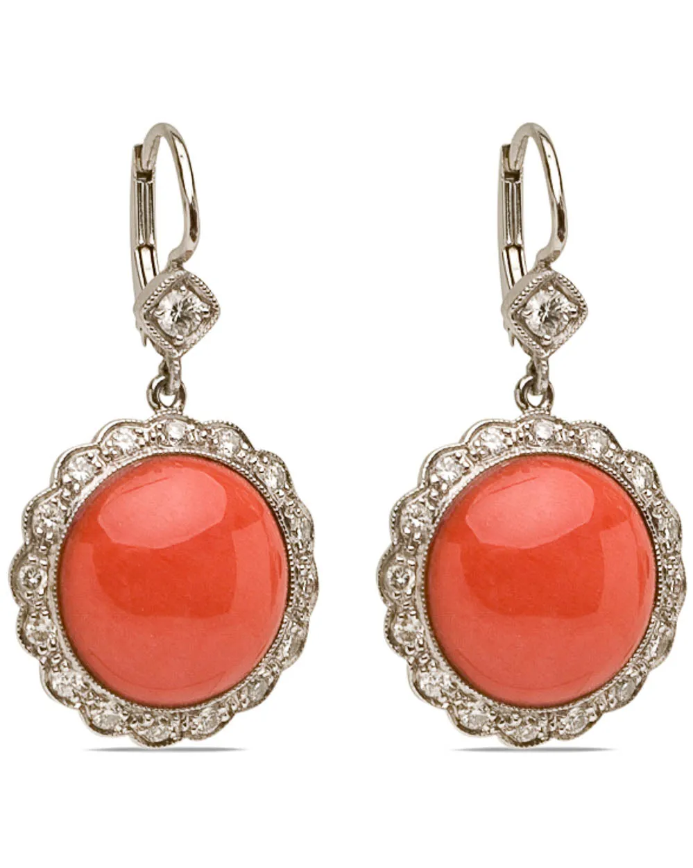 Platinum Coral Diamond Flower Earrings