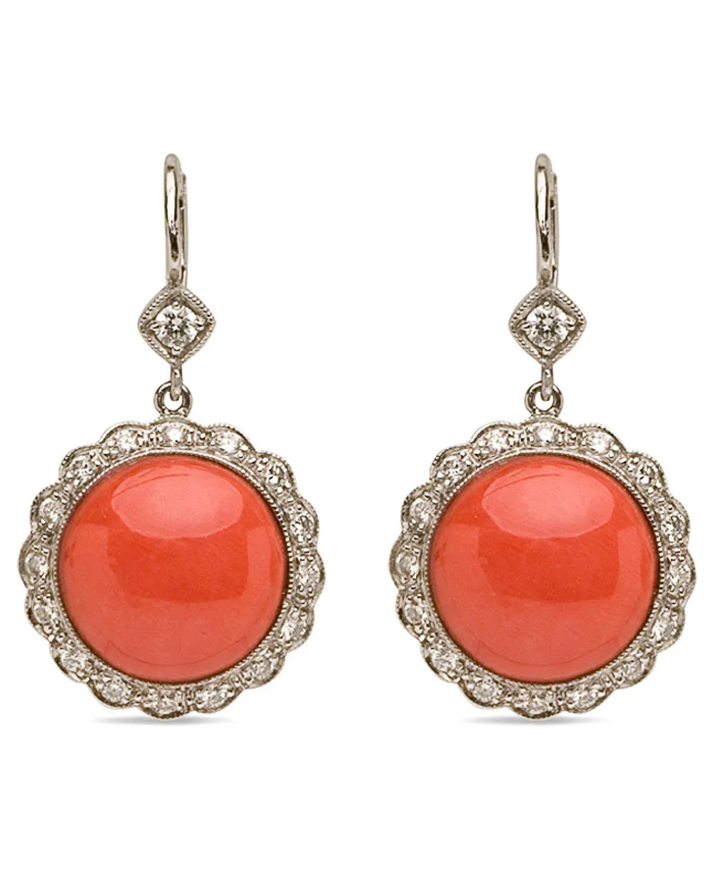 Platinum Coral Diamond Flower Earrings