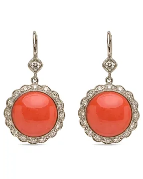 Platinum Coral Diamond Flower Earrings