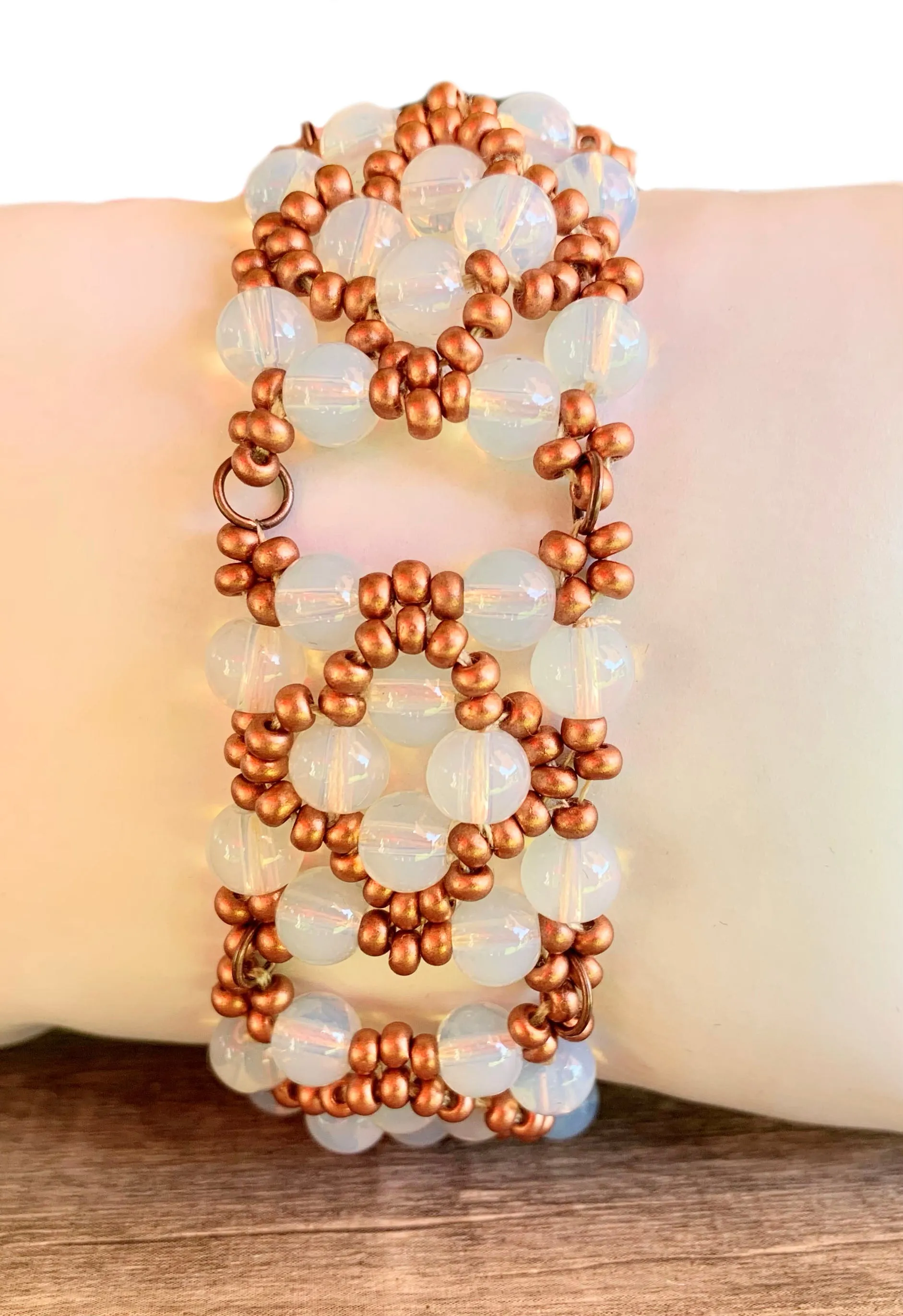 Speranza Handcrafted Opal and Seed Bead Delicate Cuff Bracelet
