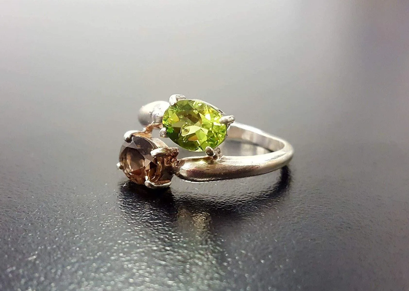 Topaz Silver Ring - Two Stone Ring - Green Bypass Ring