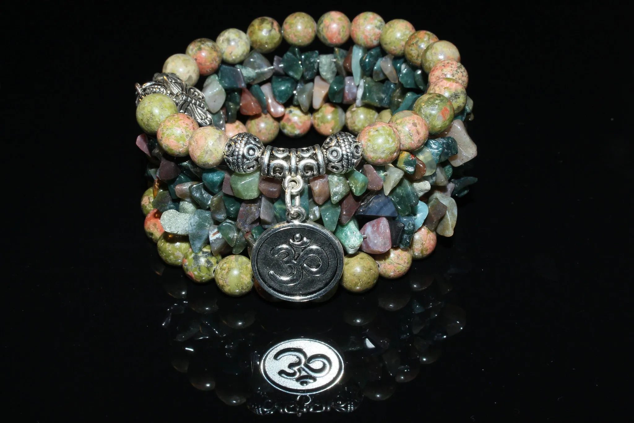 Unakite And Indian Agate Gemstone, Charms Cuff Wrap Bracelet And Earrings Set.