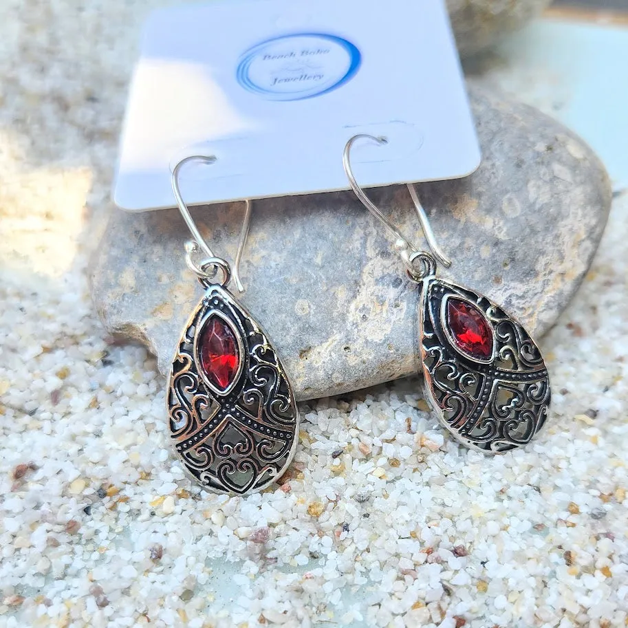 VINTAGE GARNET DROPS -  PURE SILVER HILLTRIBE HOOK EARRINGS