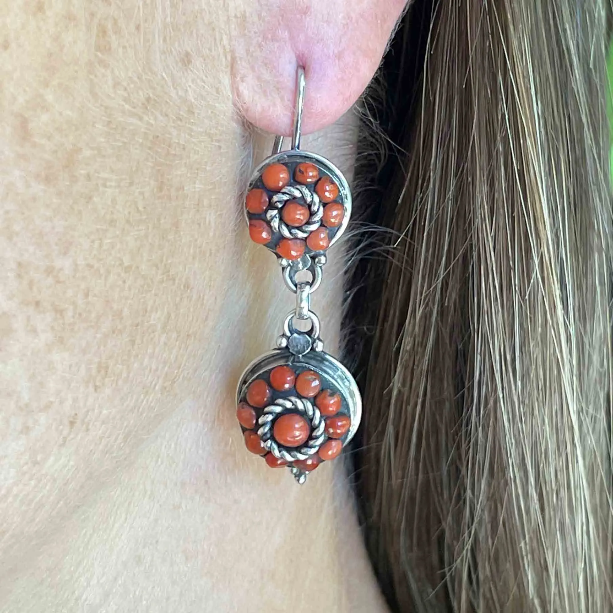 Vintage Sterling Silver Natural Coral Double Drop Earrings