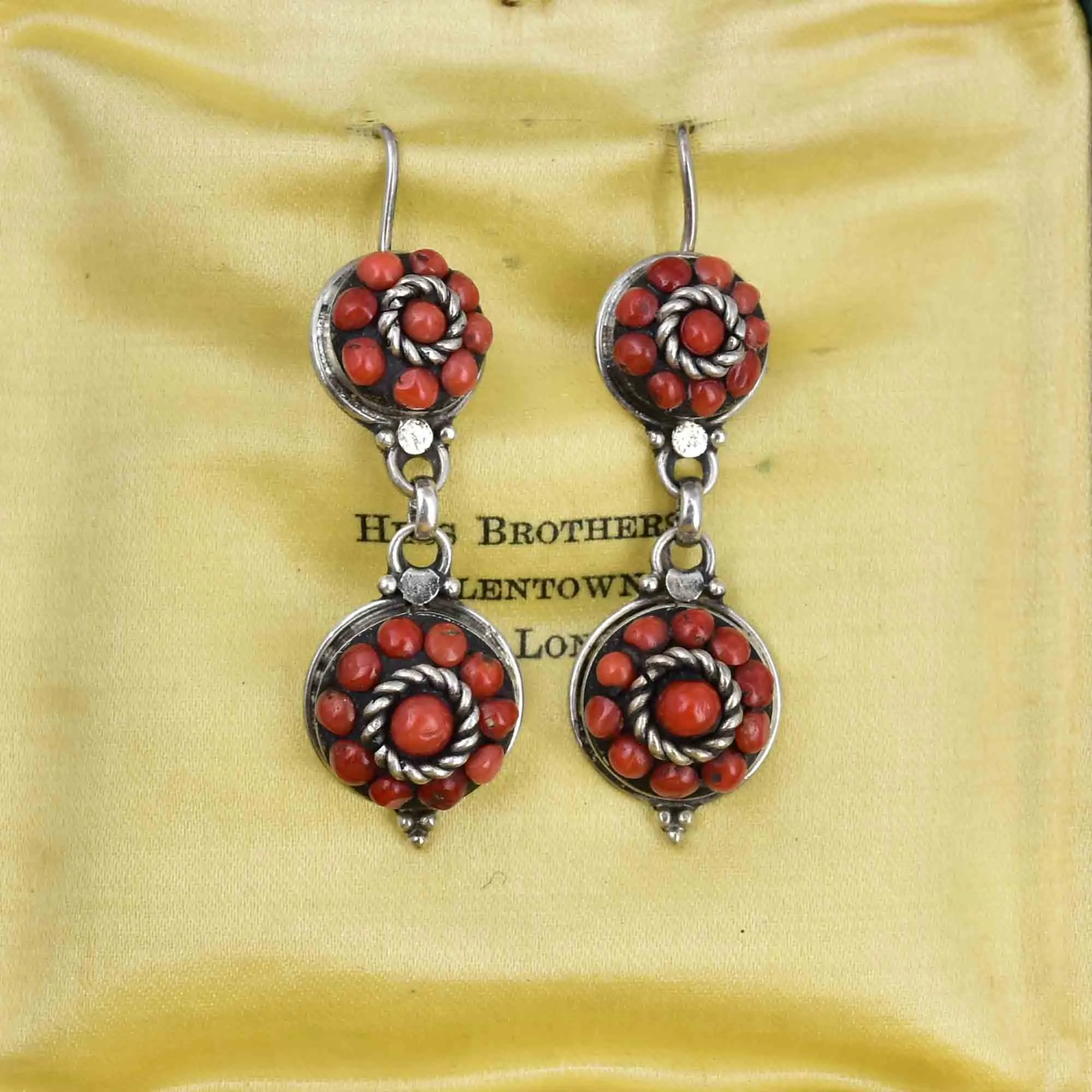 Vintage Sterling Silver Natural Coral Double Drop Earrings