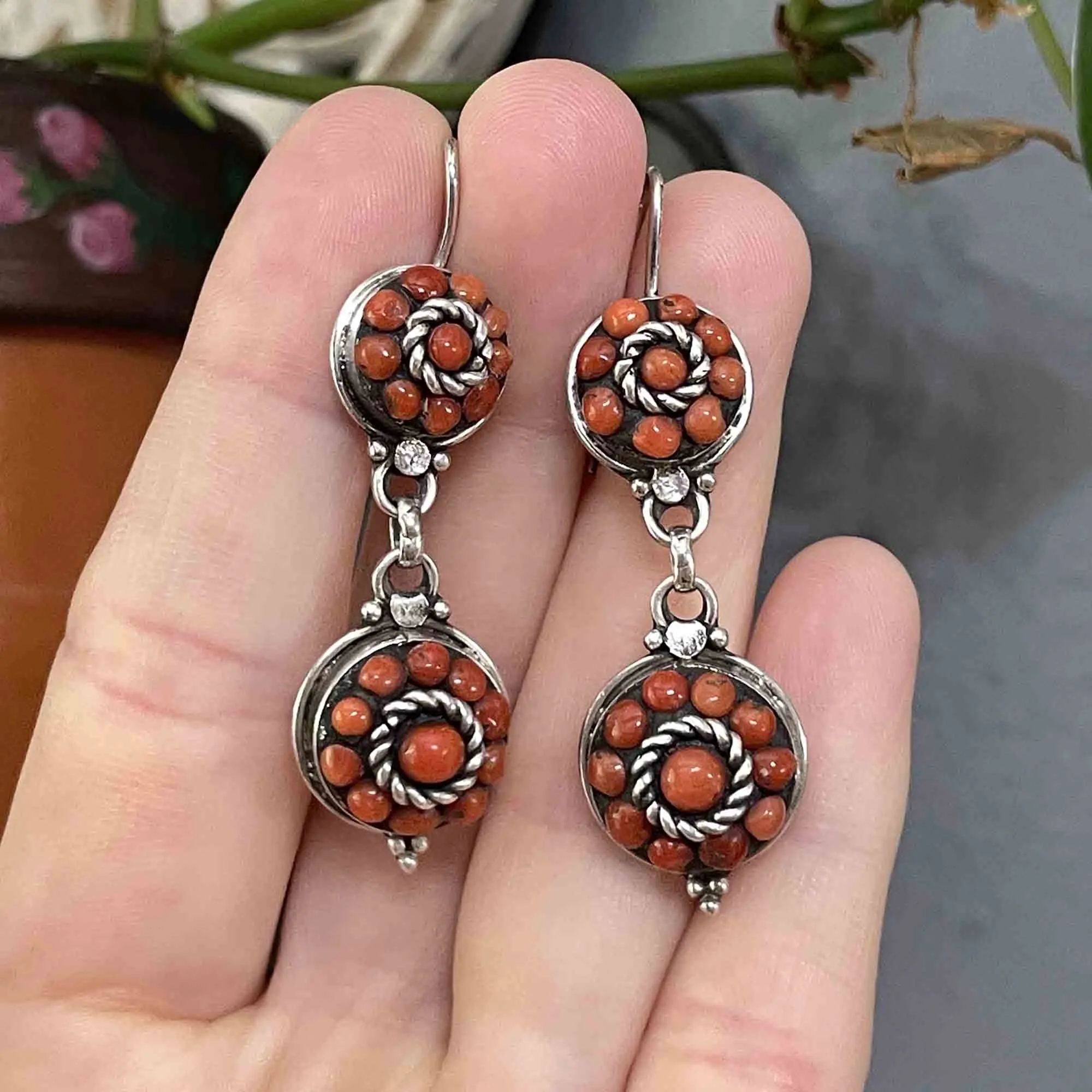 Vintage Sterling Silver Natural Coral Double Drop Earrings