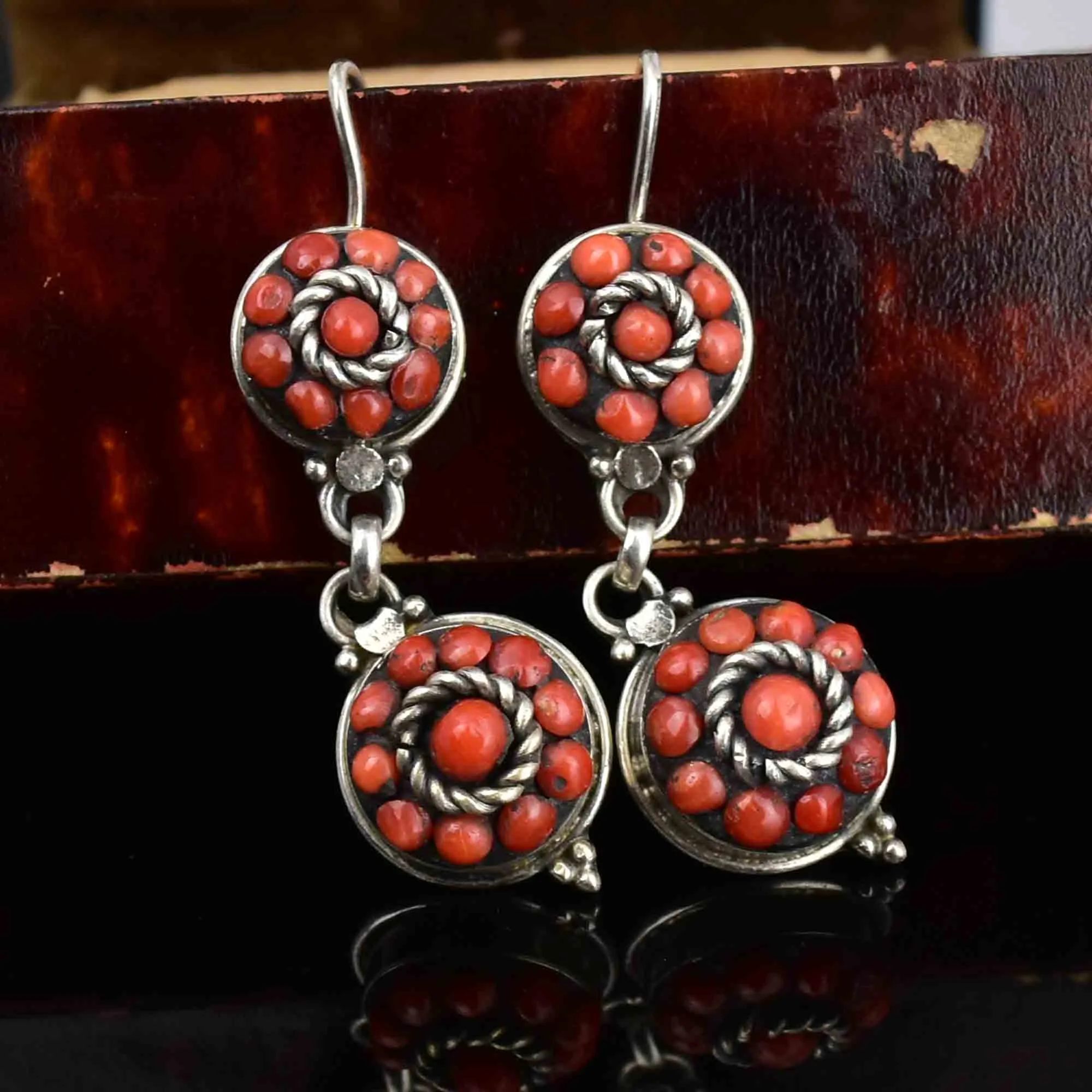 Vintage Sterling Silver Natural Coral Double Drop Earrings